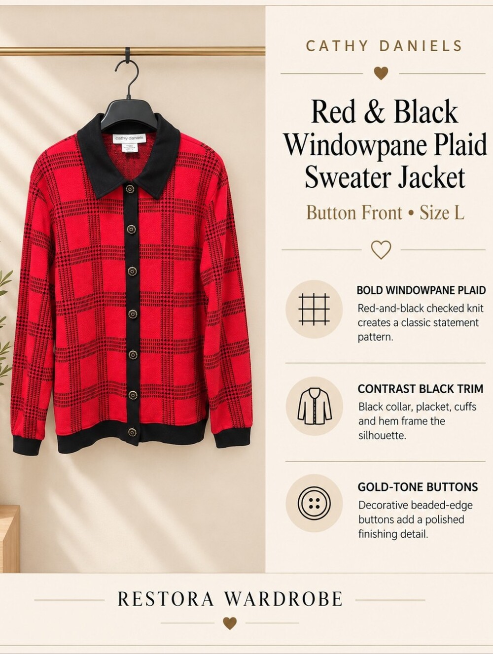 Cathy Daniels Plaid Cardigan Red Black Gold Button Preppy Sweater Jacket L